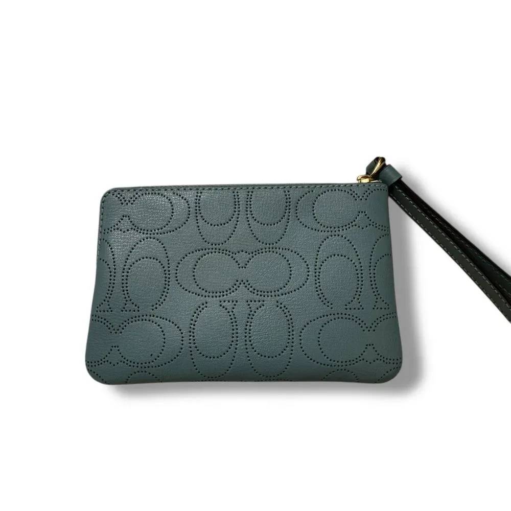 Coach Corner Zip Wristlet Seafoam Perforated Leather